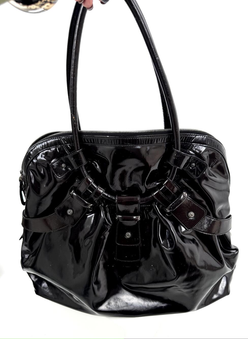 Salvatore Ferragamo Gancini Black Patent Leather Ruched Boho Hobo Bag
